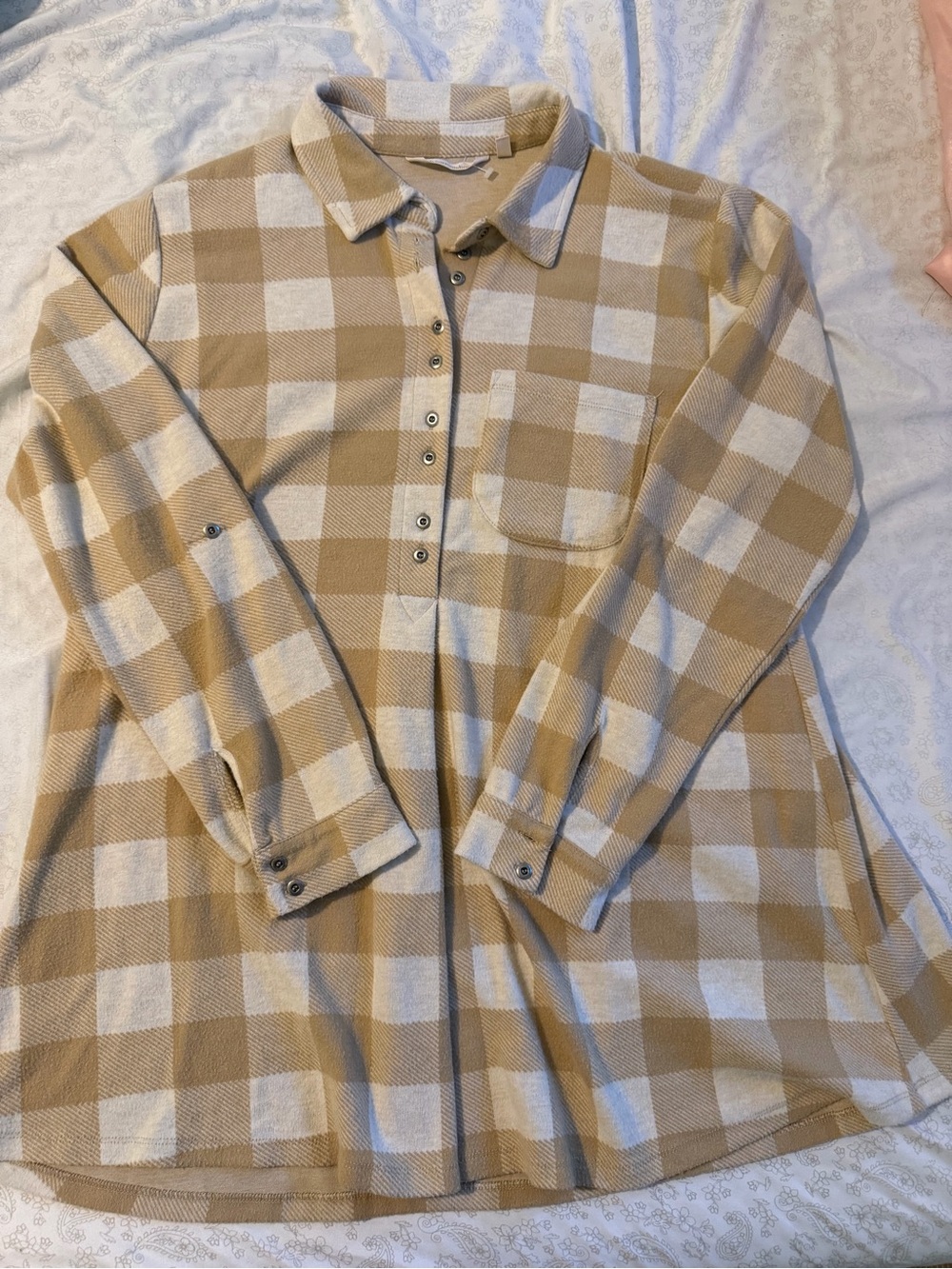 Soft Surroundings Beige and Cream Plaid Long-Sleeve Button Shirt